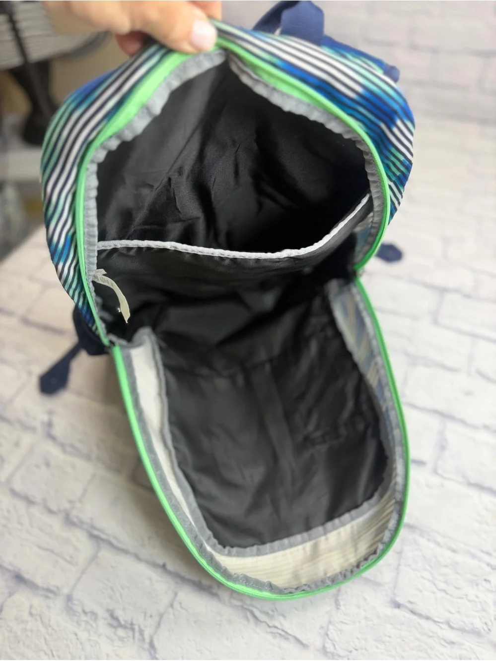 Under Armour Navy Blue Striped Backpack with Lime Accents